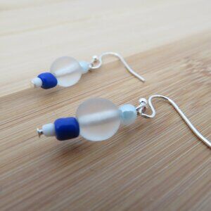 Blue White Pearl Frosted Clear Seaglass Beaded Earrings